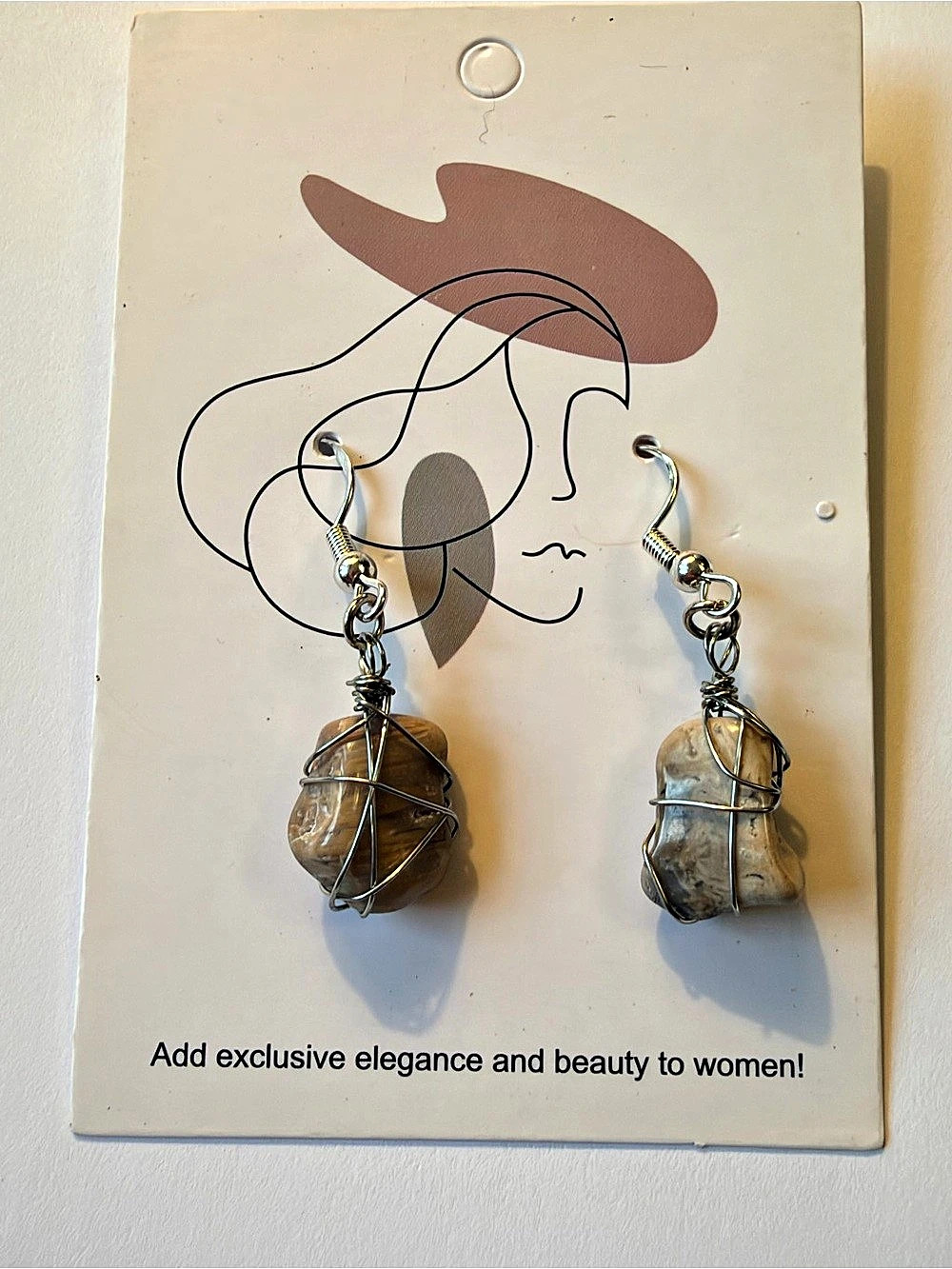 925 marked Wire-Wrapped Stone Earrings in Gray & Silver New